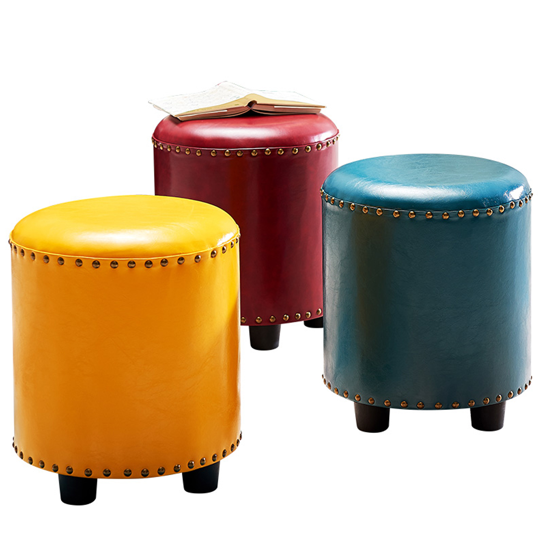 Faux Leather Footstool, Round Yellow - Image 4