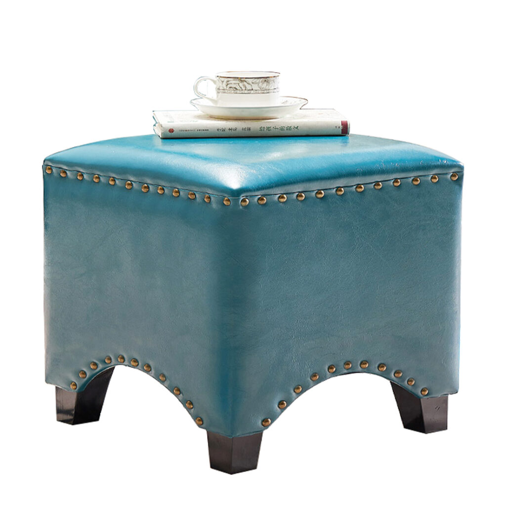 Faux Leather Footstool Padded Seat, Blue