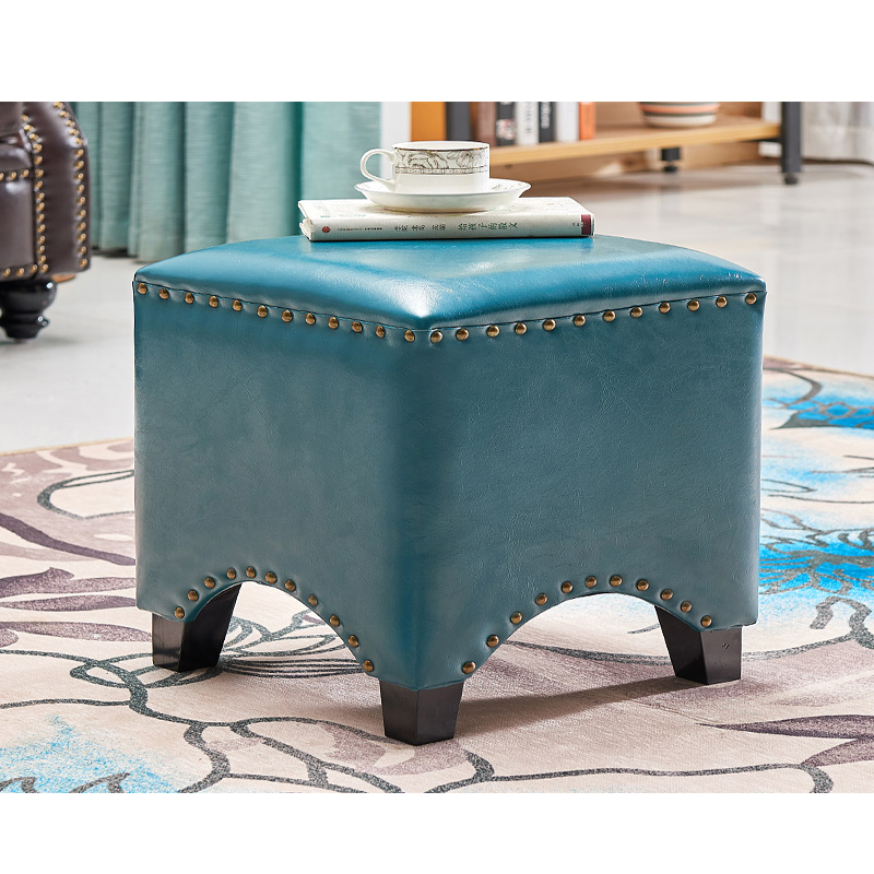 Faux Leather Footstool Padded Seat, Blue - Image 2