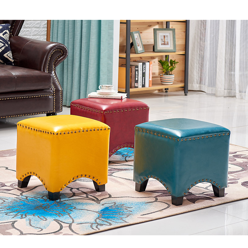 Faux Leather Footstool Padded Seat, Blue - Image 3