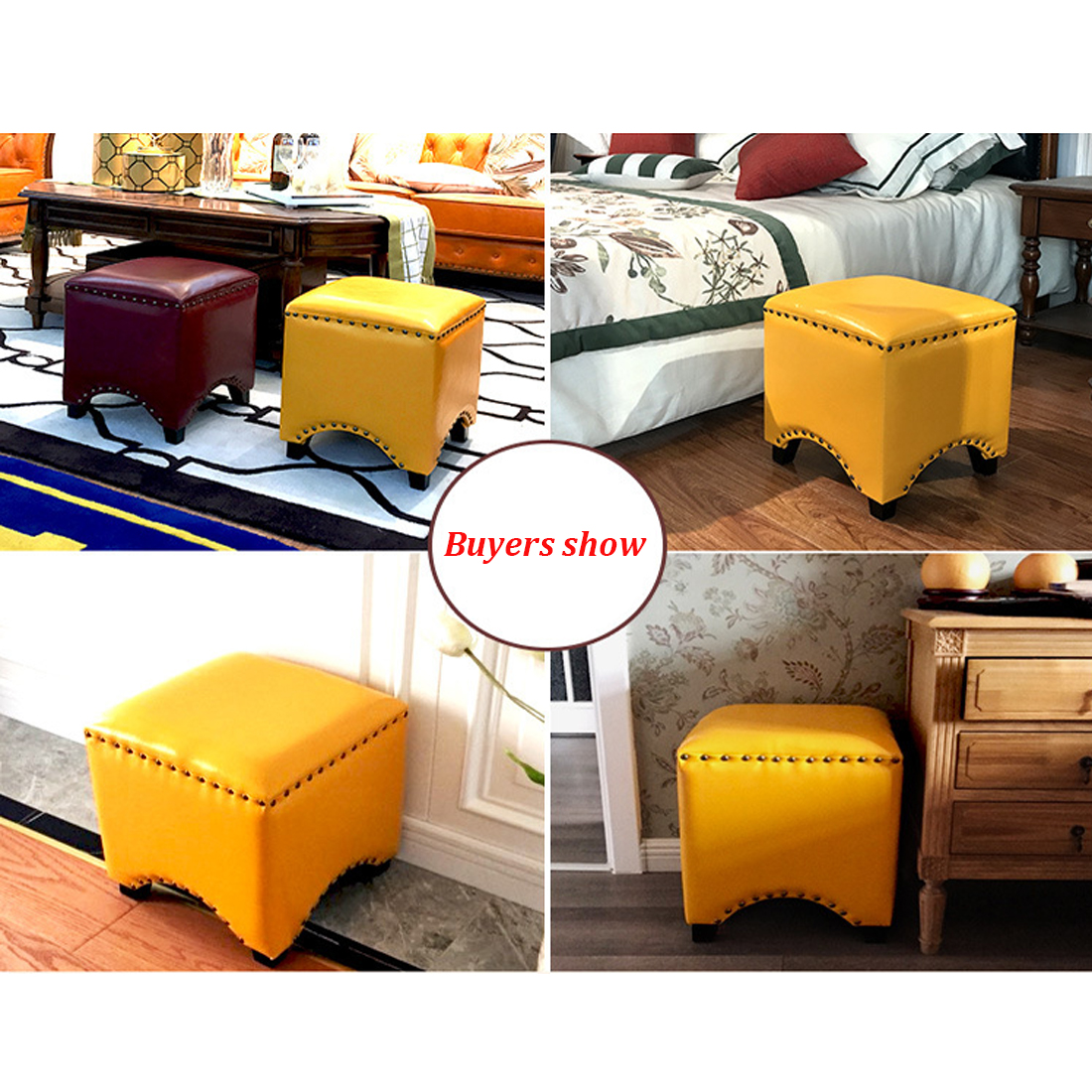 Faux Leather Footstool Padded Seat, Yellow - Image 3