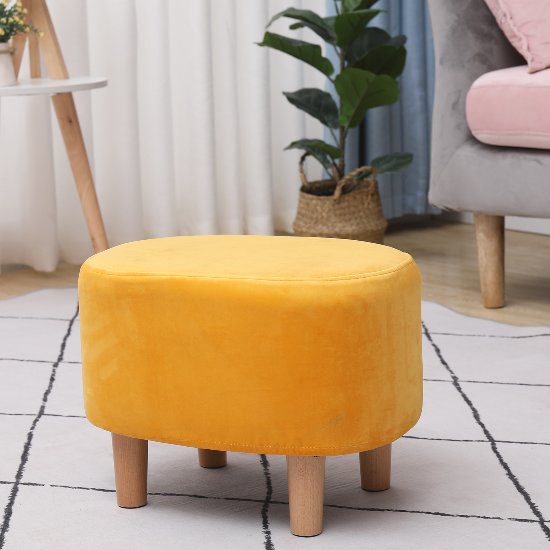 Oval Velvet Footstool Padded Seat, A Blue — 30D x 40W x 30H cm (4DTJ) - Image 3