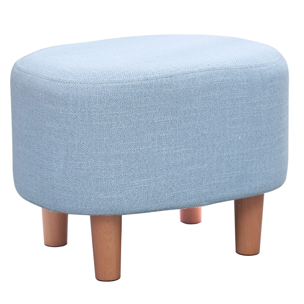 Oval Linen Footstool Padded Seat, A Blue — 30D x 40W x 30H cm (LFBB)