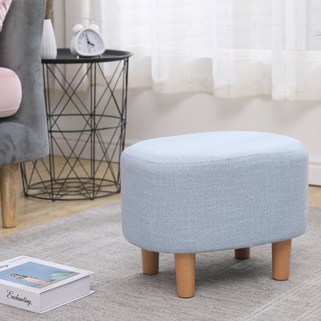 Oval Linen Footstool Padded Seat, A Blue — 30D x 40W x 30H cm (LFBB) - Image 2