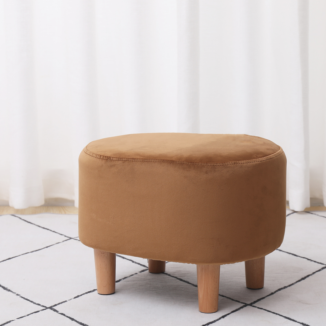 Oval Velvet Footstool Padded Seat, A Blue — 30D x 40W x 30H cm (8BJJ)