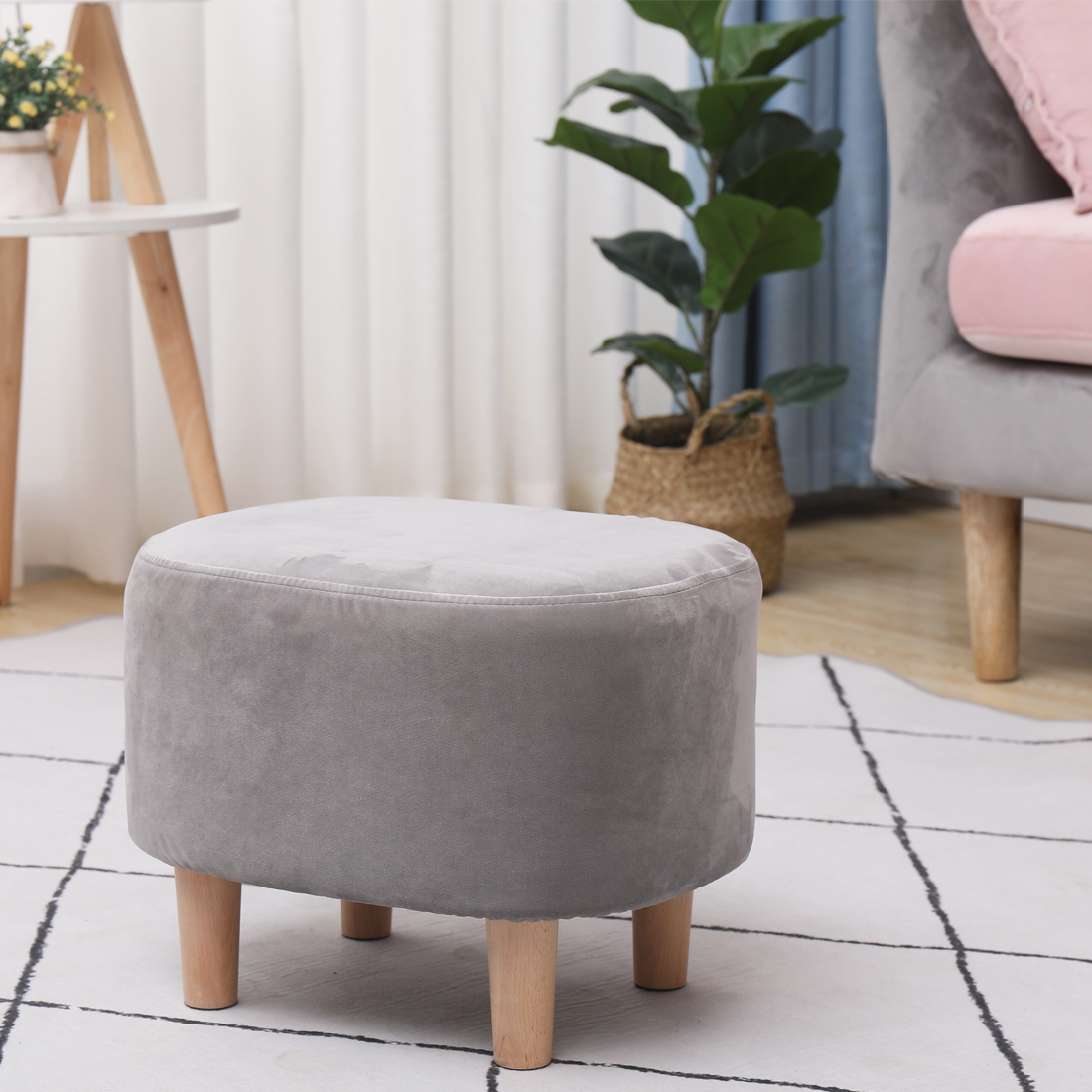 Oval Velvet Footstool Padded Seat, A Blue — 30D x 40W x 30H cm (8QXD) - Image 2