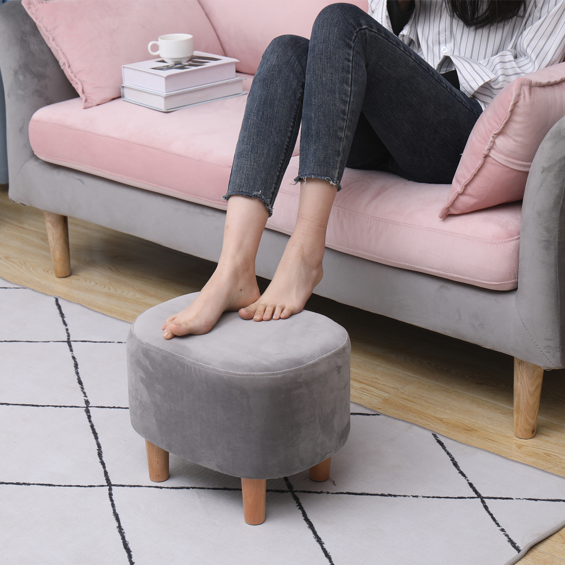 Oval Velvet Footstool Padded Seat, A Blue — 30D x 40W x 30H cm (8QXD) - Image 4