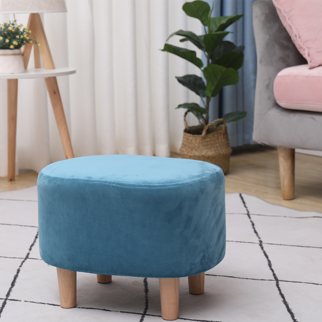 Oval Velvet Footstool Padded Seat, A Blue — 30D x 40W x 30H cm (GXJK) - Image 2