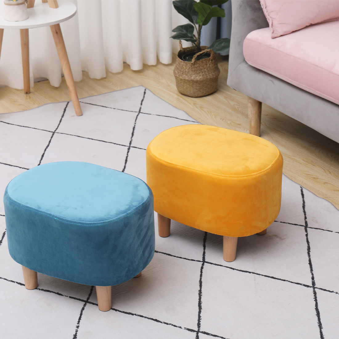 Oval Velvet Footstool Padded Seat, A Blue — 30D x 40W x 30H cm (GXJK) - Image 3