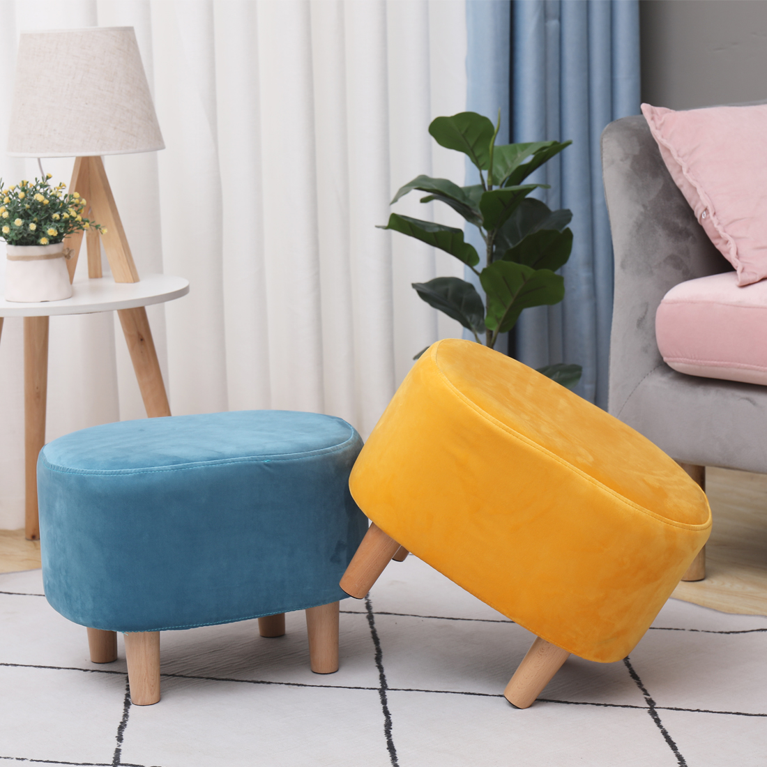 Oval Velvet Footstool Padded Seat, A Blue — 30D x 40W x 30H cm (GXJK) - Image 4