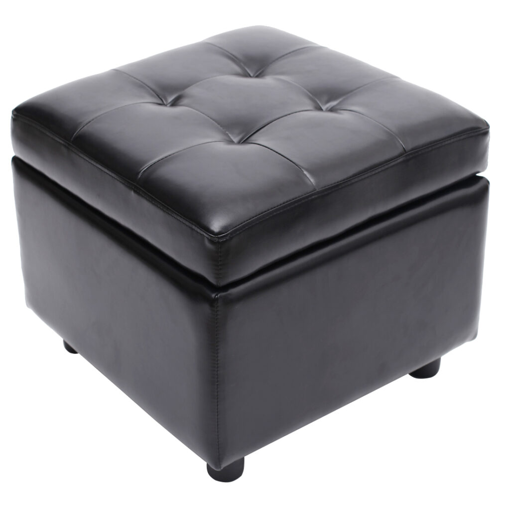 Square Faux Leather Storage Ottoman, Black