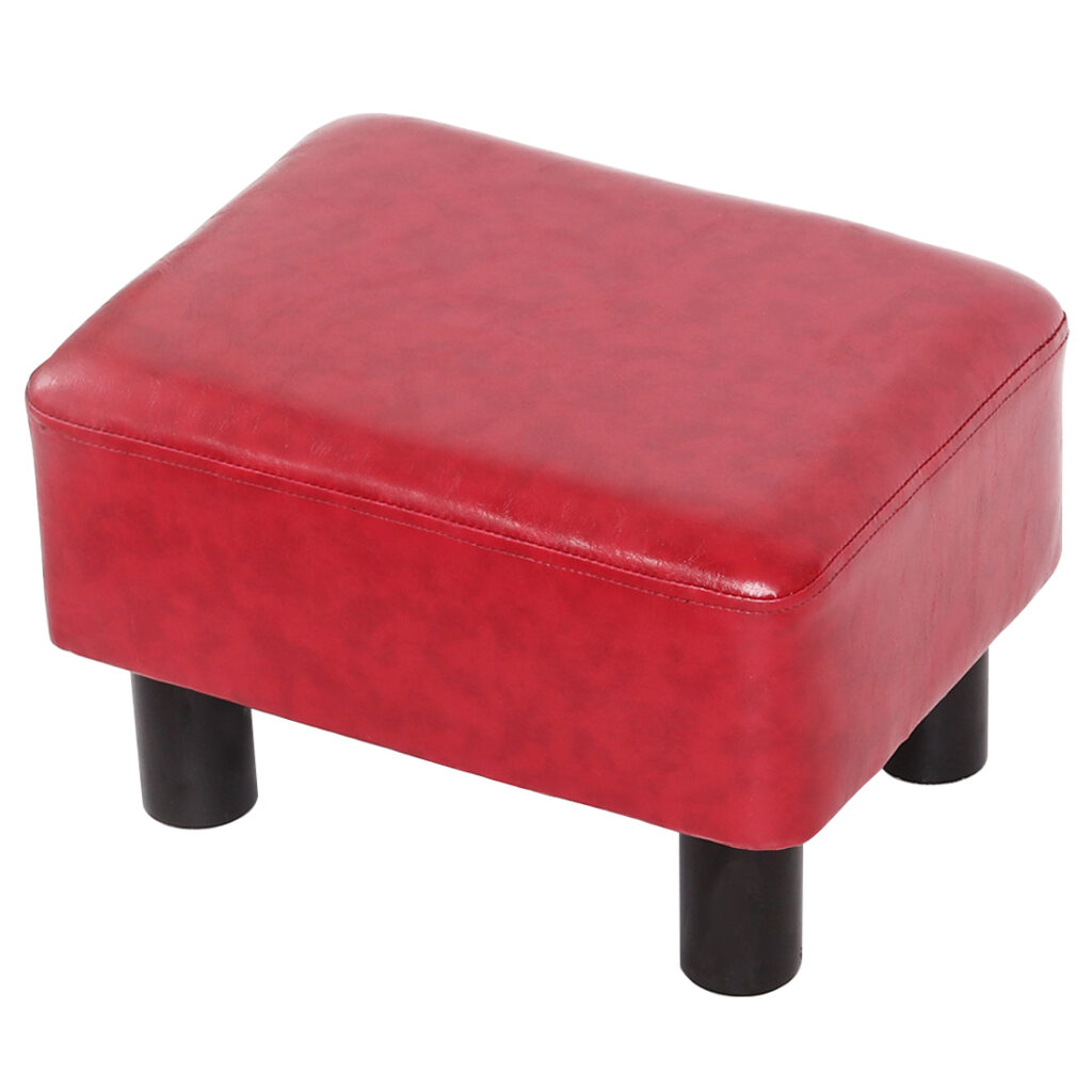 Rectangular Faux Leather Footstool with Wood Legs Padded Seat, Red