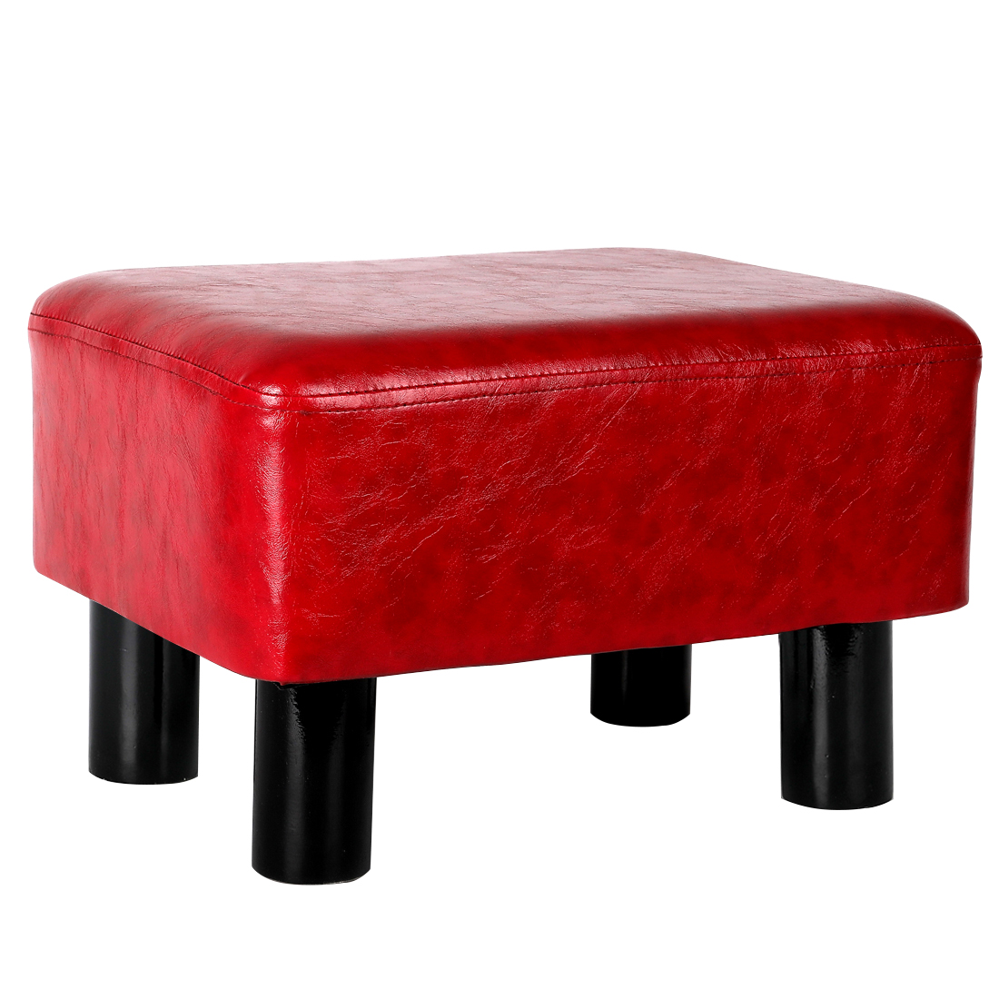 Rectangular Faux Leather Footstool with Wood Legs Padded Seat, Red - Image 2
