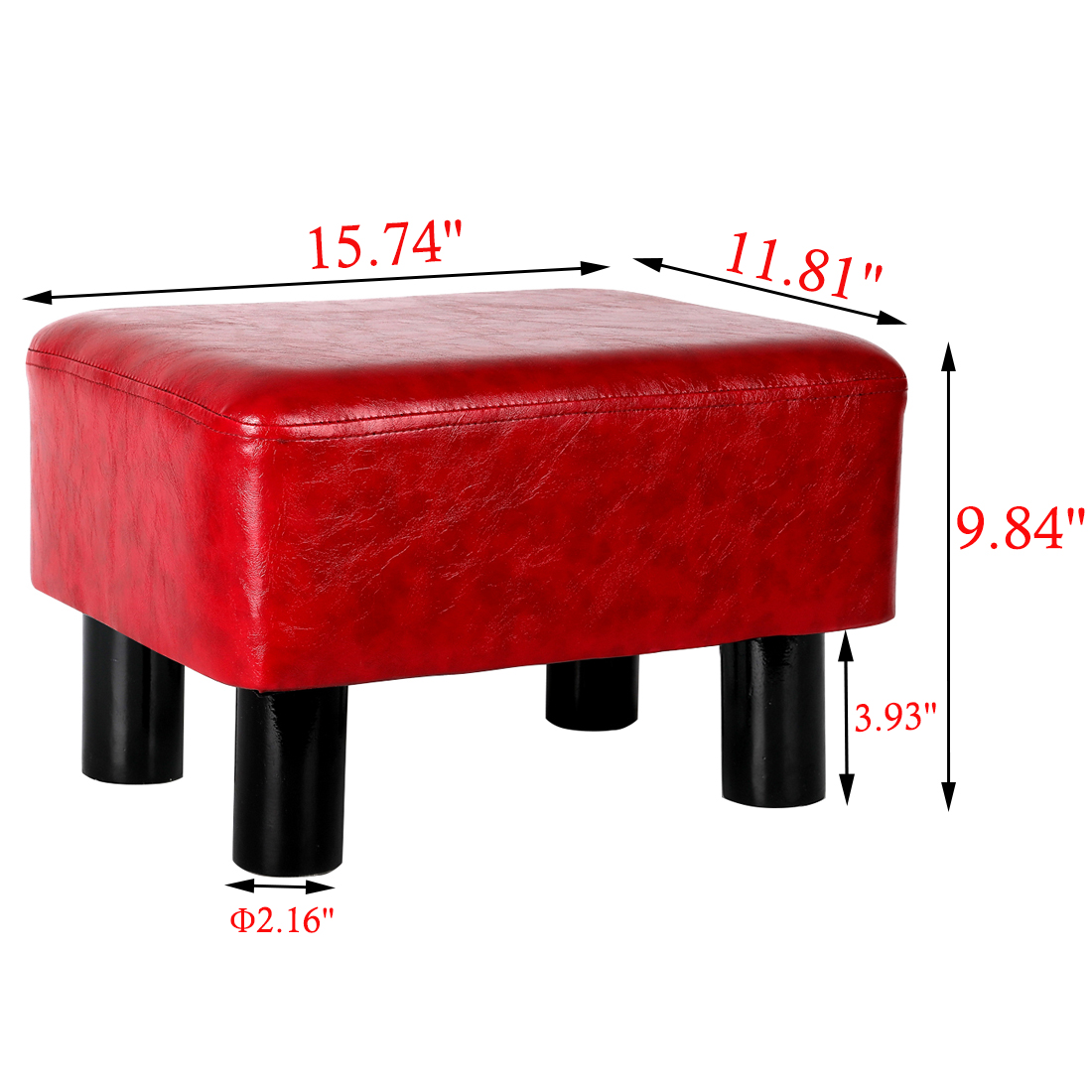 Rectangular Faux Leather Footstool with Wood Legs Padded Seat, Red - Image 3