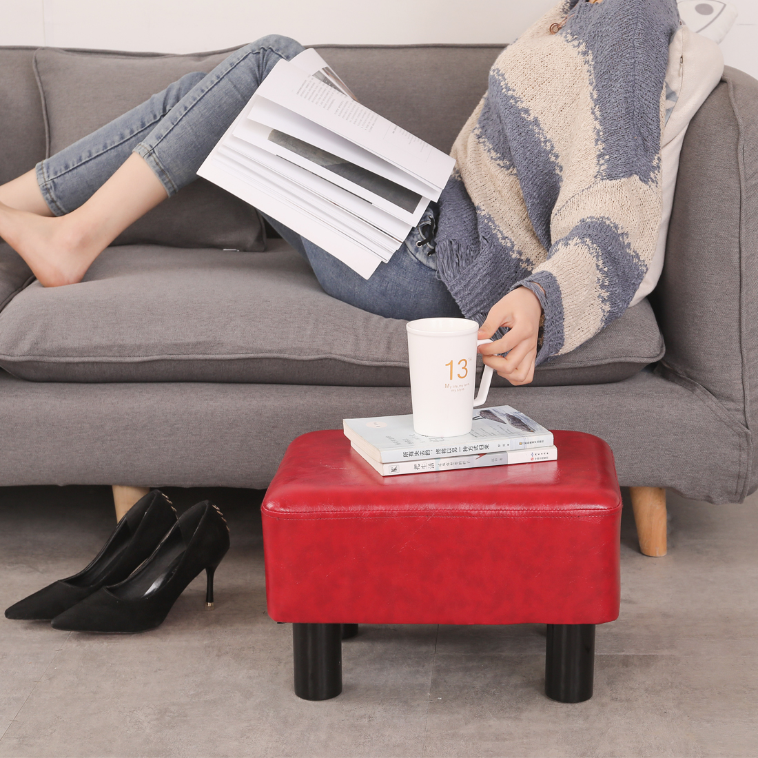 Rectangular Faux Leather Footstool with Wood Legs Padded Seat, Red - Image 4