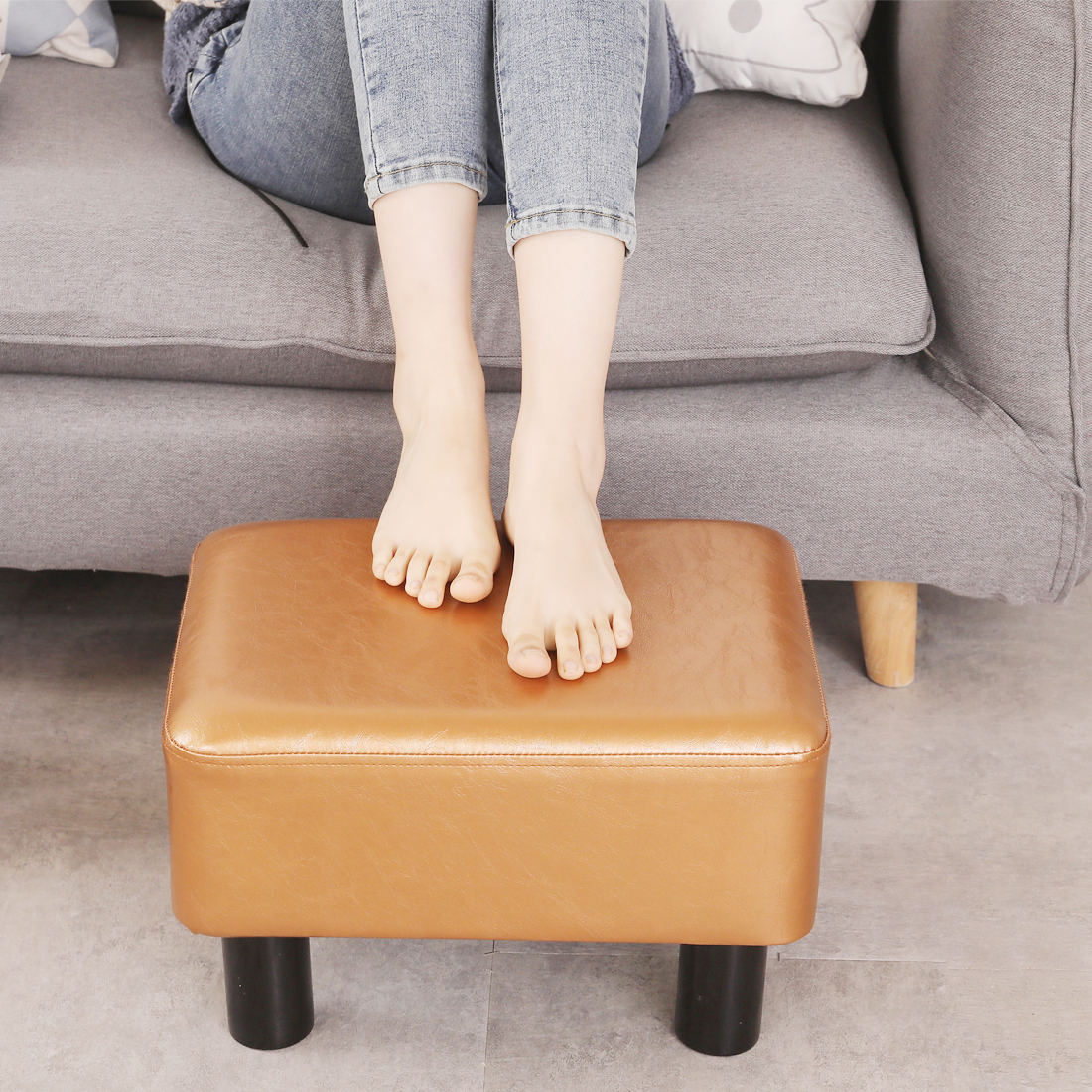 Rectangular Faux Leather Footstool Padded Seat, Gold - Image 4