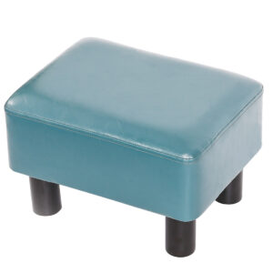 Rectangular Faux Leather Footstool Padded Seat, Teal Blue