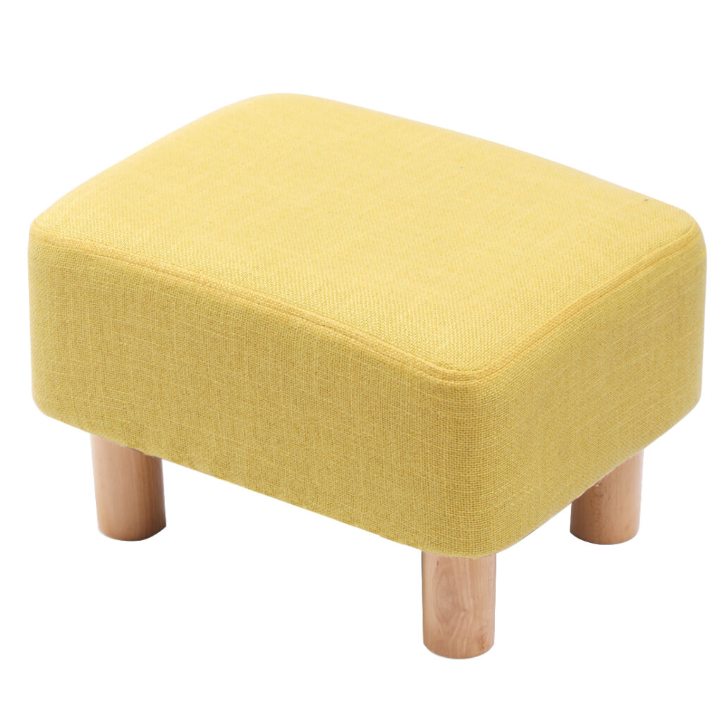 Rectangular Linen Footstool with Wood Legs Padded Seat, Yellow