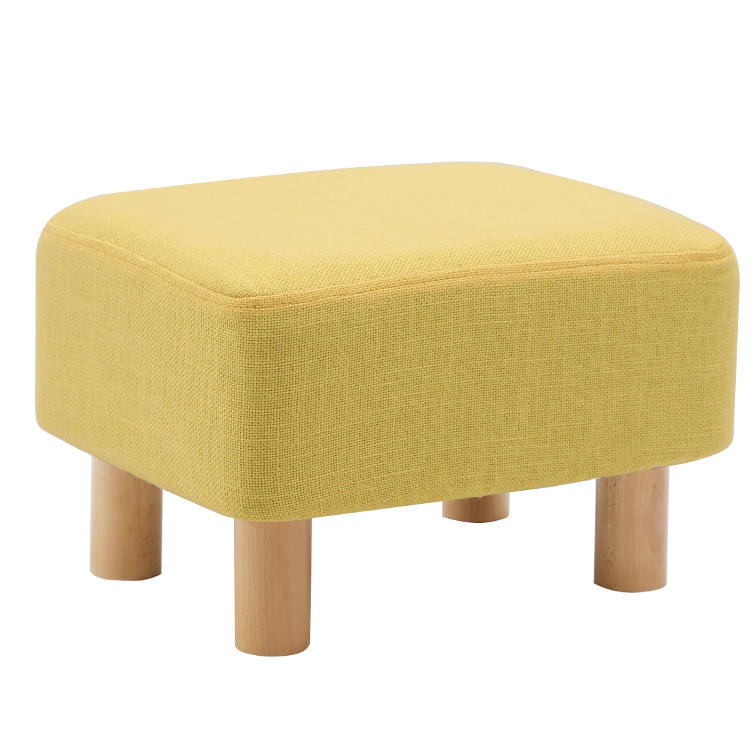 Rectangular Linen Footstool with Wood Legs Padded Seat, Yellow - Image 2