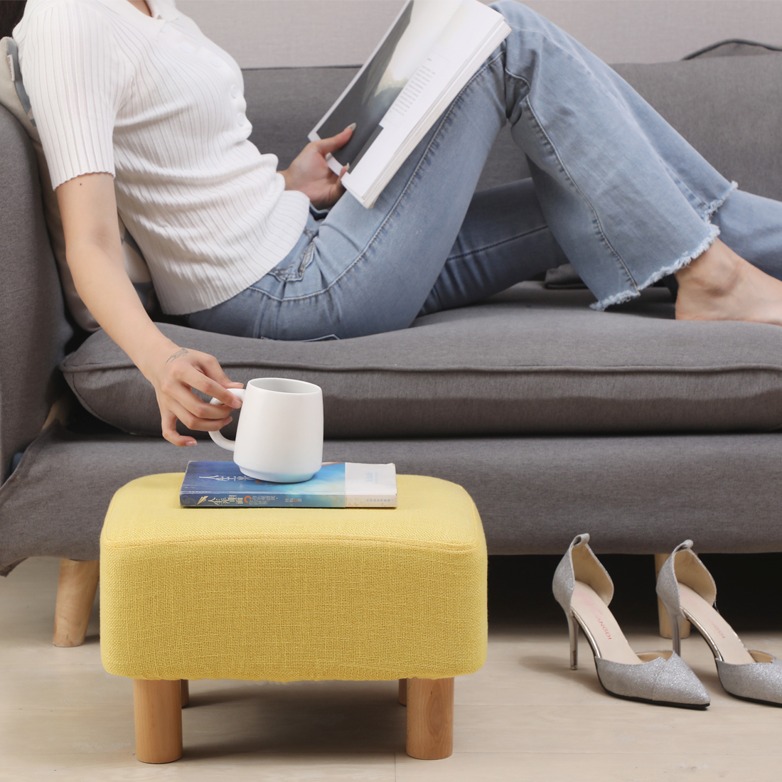 Rectangular Linen Footstool with Wood Legs Padded Seat, Yellow - Image 3