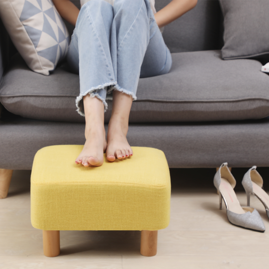 Rectangular Linen Footstool with Wood Legs Padded Seat, Yellow - Image 4