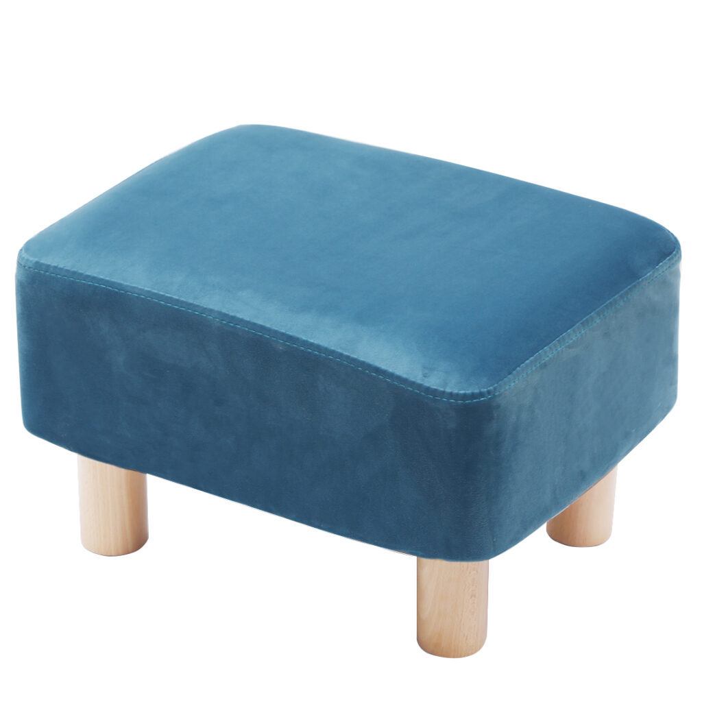 Rectangular Velvet Footstool with Wood Legs Padded Seat, Blue
