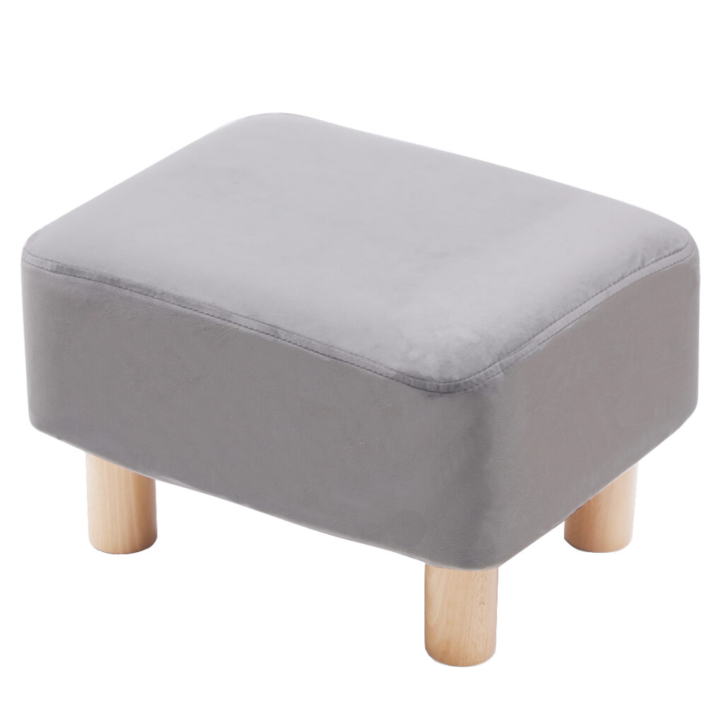 Rectangular Velvet Footstool with Wood Legs Padded Seat, Grey