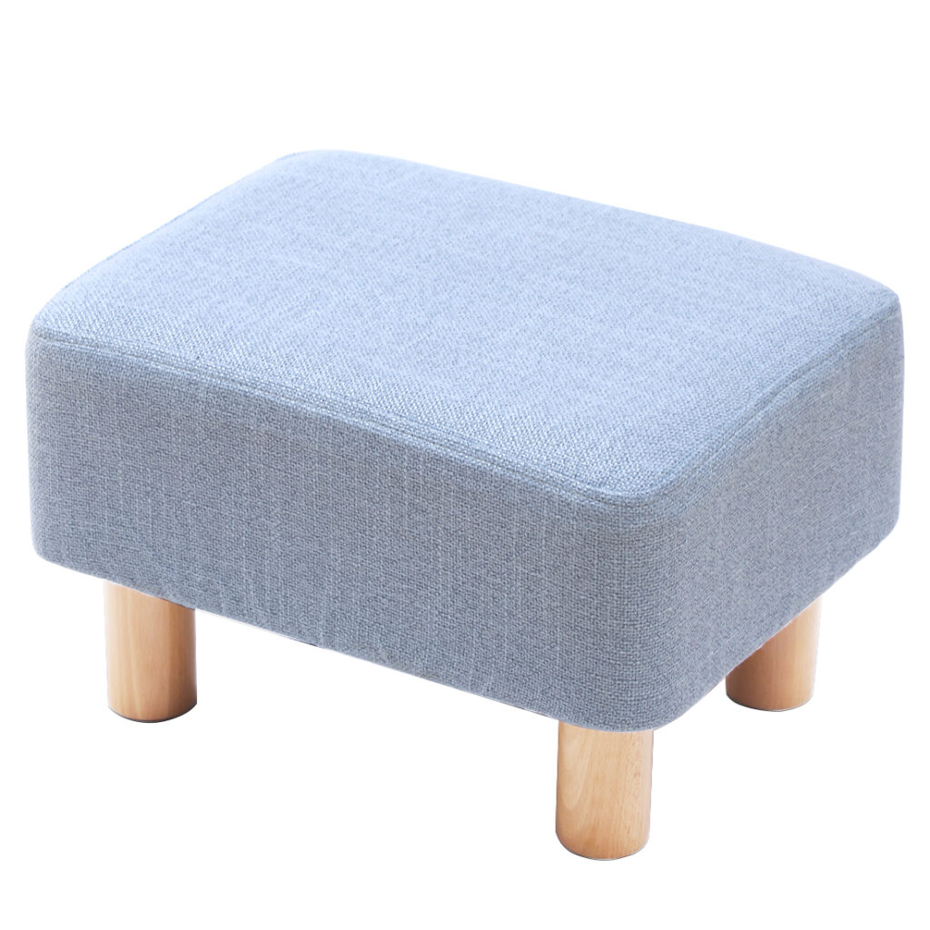 Rectangular Linen Footstool with Wood Legs Padded Seat, Blue