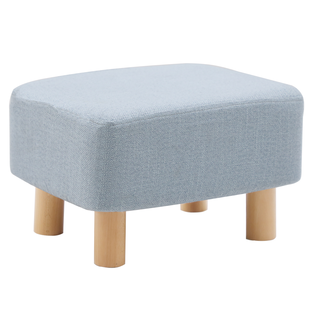 Rectangular Linen Footstool with Wood Legs Padded Seat, Blue - Image 2