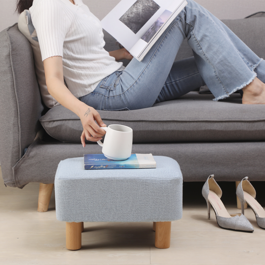 Rectangular Linen Footstool with Wood Legs Padded Seat, Blue - Image 3