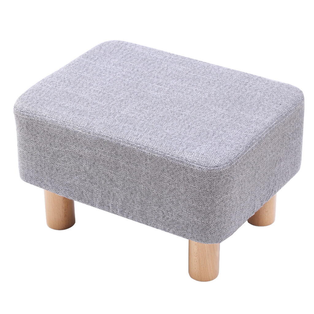 Rectangular Linen Footstool with Wood Legs Padded Seat, Grey