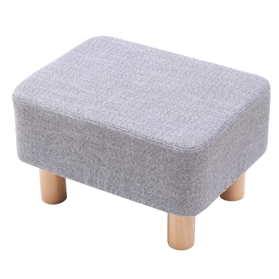 Rectangular Linen Footstool with Wood Legs Padded Seat, Grey