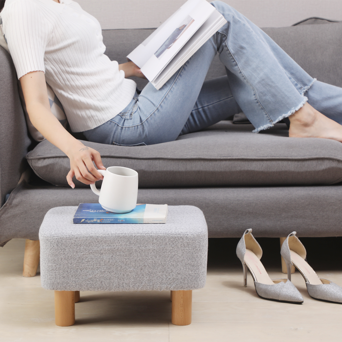 Rectangular Linen Footstool with Wood Legs Padded Seat, Grey - Image 3