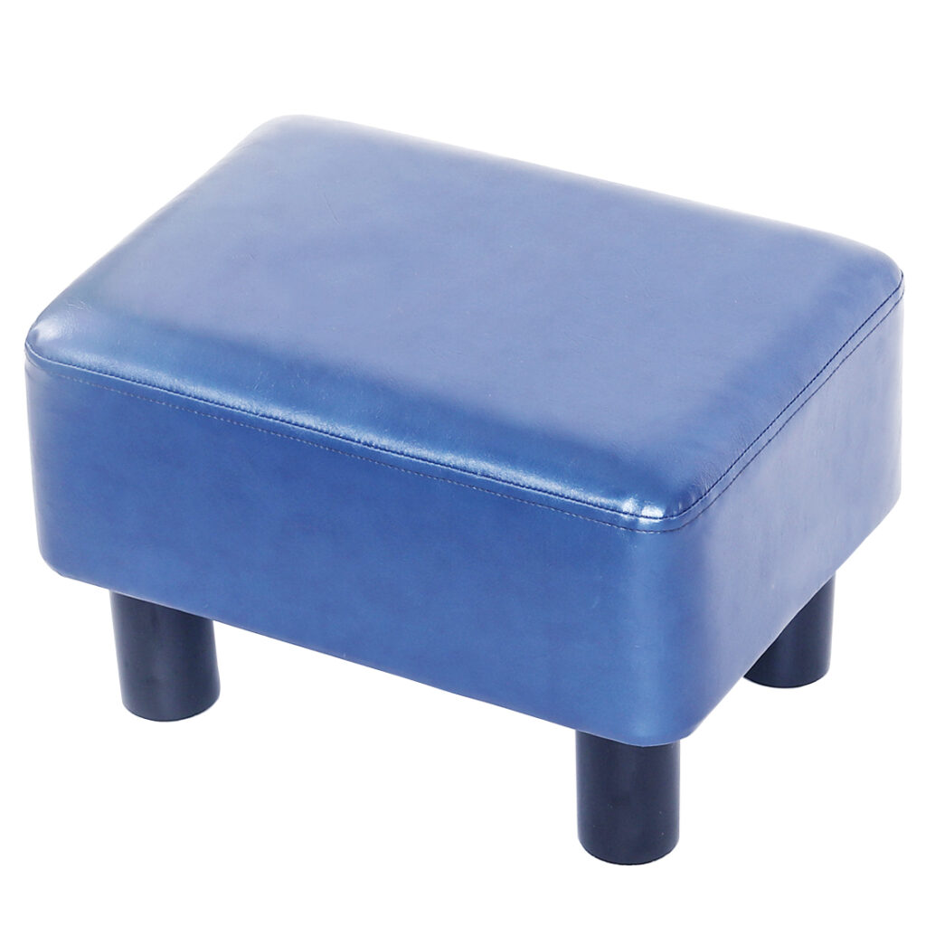 Rectangular Faux Leather Footstool with Wood Legs Padded Seat, Sapphire Blue