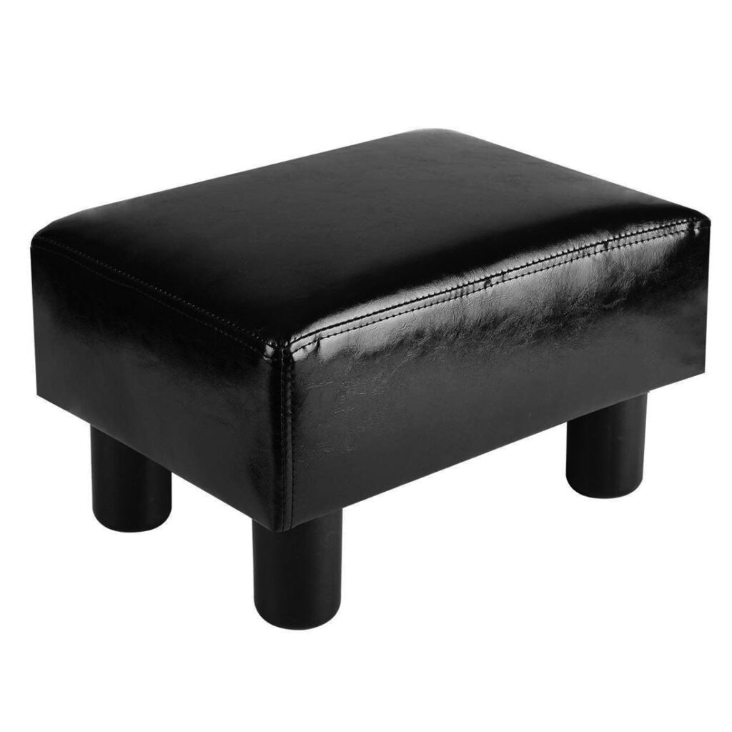 Rectangular Faux Leather Footstool with Wood Legs Padded Seat, Black