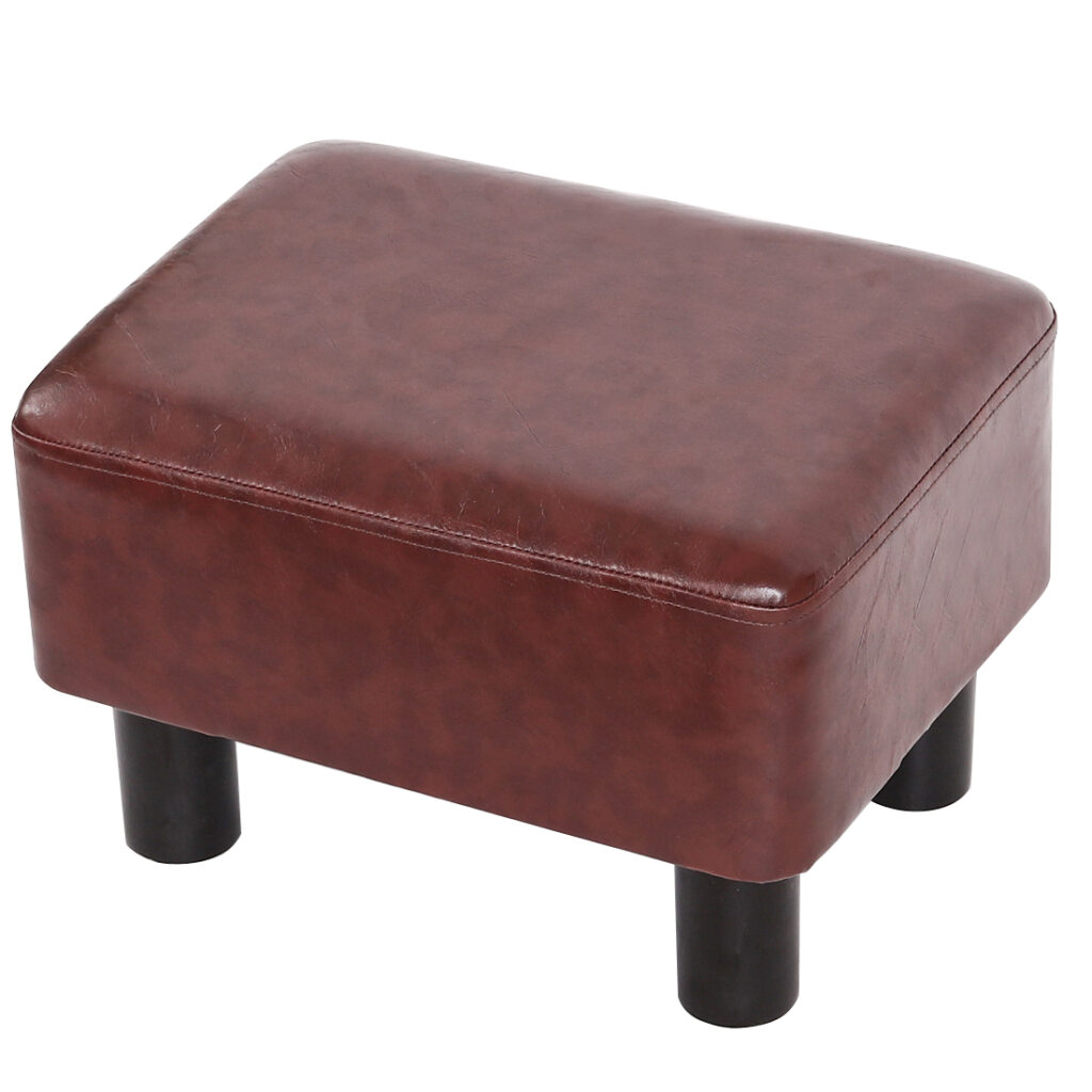Rectangular Faux Leather Footstool with Wood Legs Padded Seat, Brown