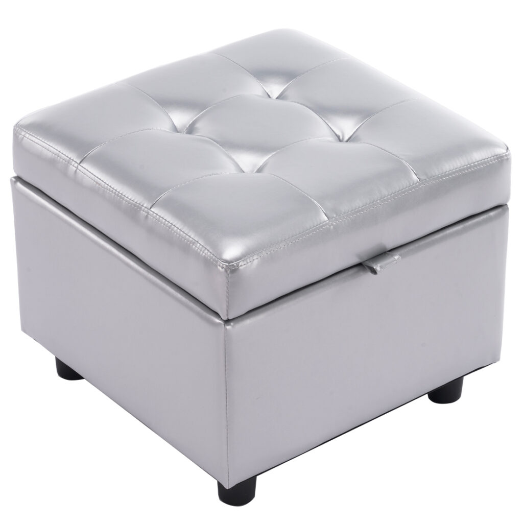 Square Faux Leather Storage Ottoman, Silver