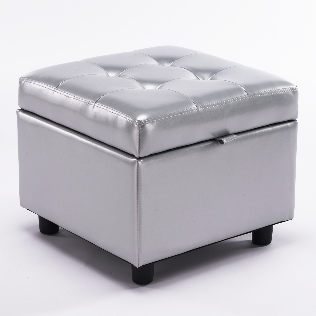 Square Faux Leather Storage Ottoman, Silver - Image 3