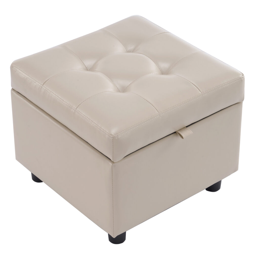 Square Faux Leather Storage Ottoman, Creamy White