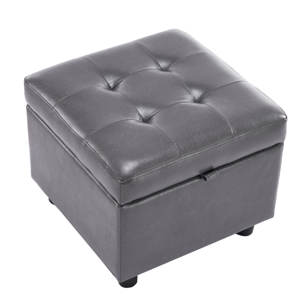 Square Faux Leather Storage Ottoman, Grey