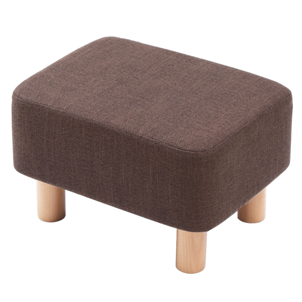 Rectangular Linen Footstool with Wood Legs Padded Seat, Brown