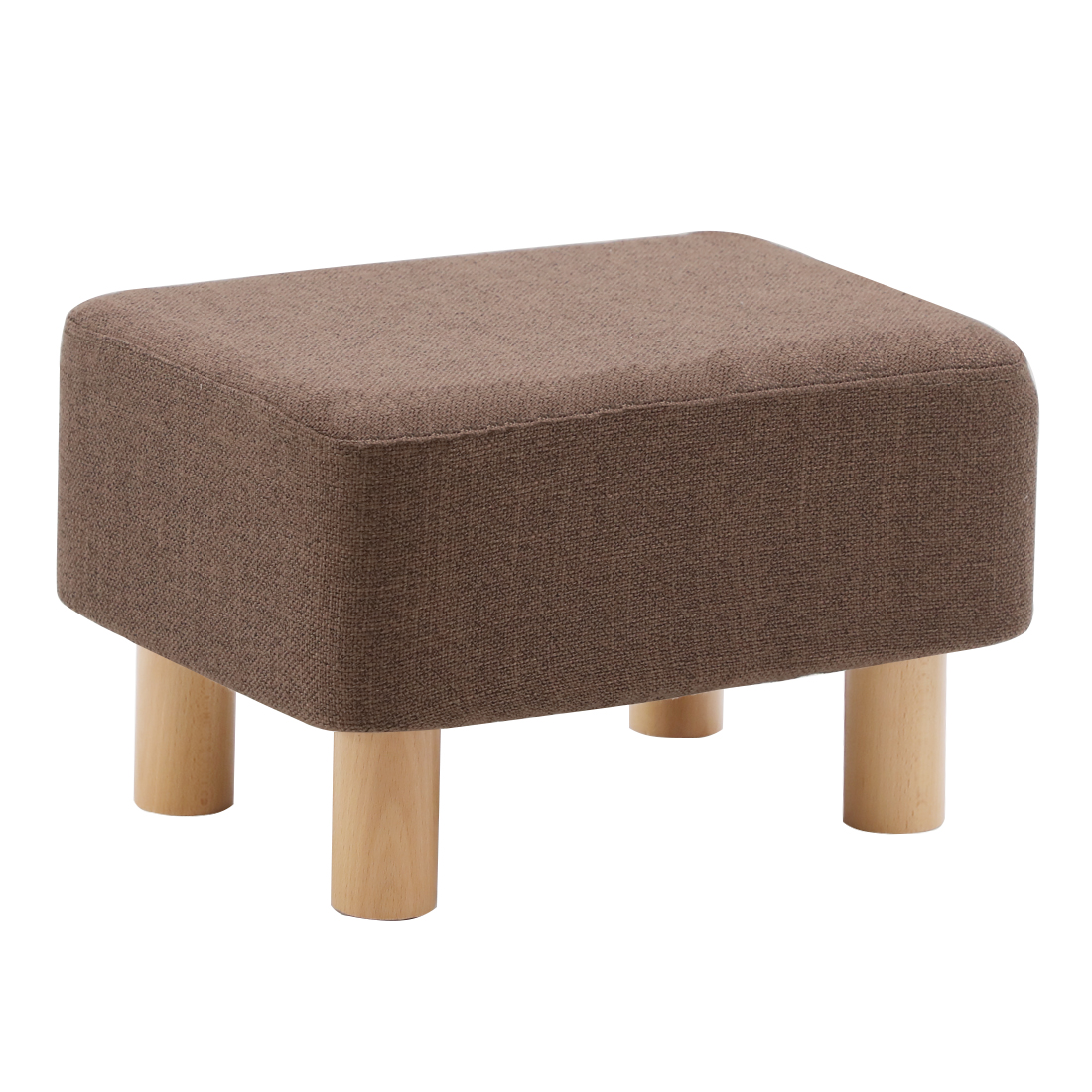 Rectangular Linen Footstool with Wood Legs Padded Seat, Brown - Image 2