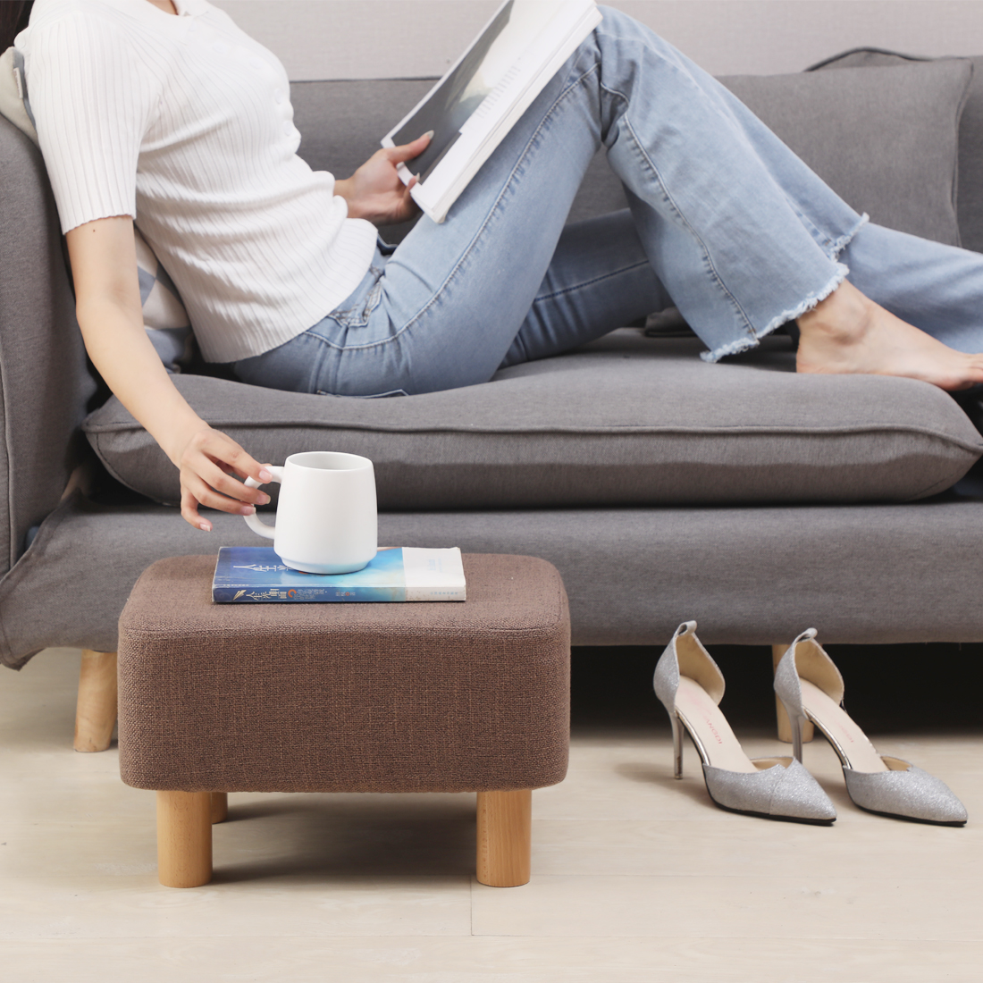 Rectangular Linen Footstool with Wood Legs Padded Seat, Brown - Image 3