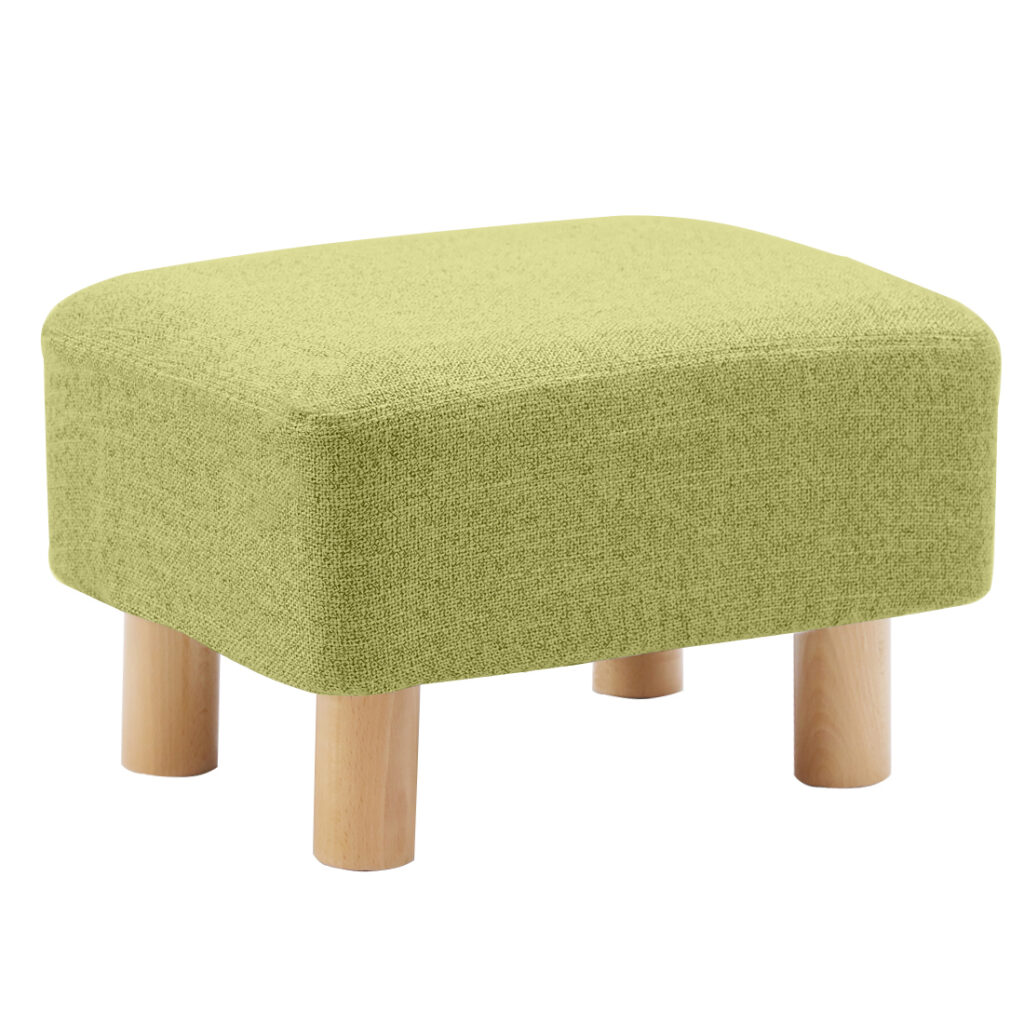 Rectangular Linen Footstool with Wood Legs Padded Seat, Green