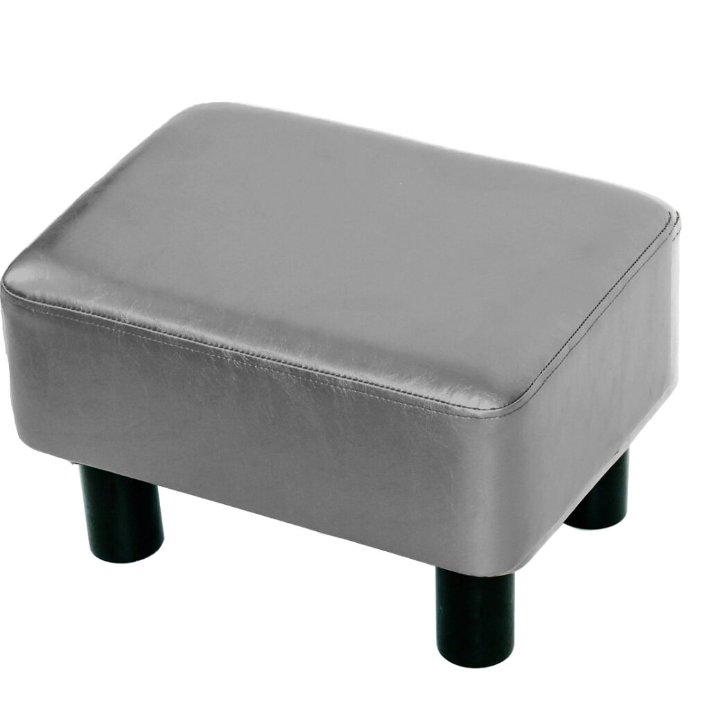 Rectangular Faux Leather Footstool with Wood Legs Padded Seat, Grey