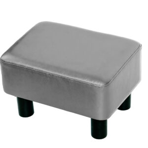 Rectangular Faux Leather Footstool with Wood Legs Padded Seat, Grey
