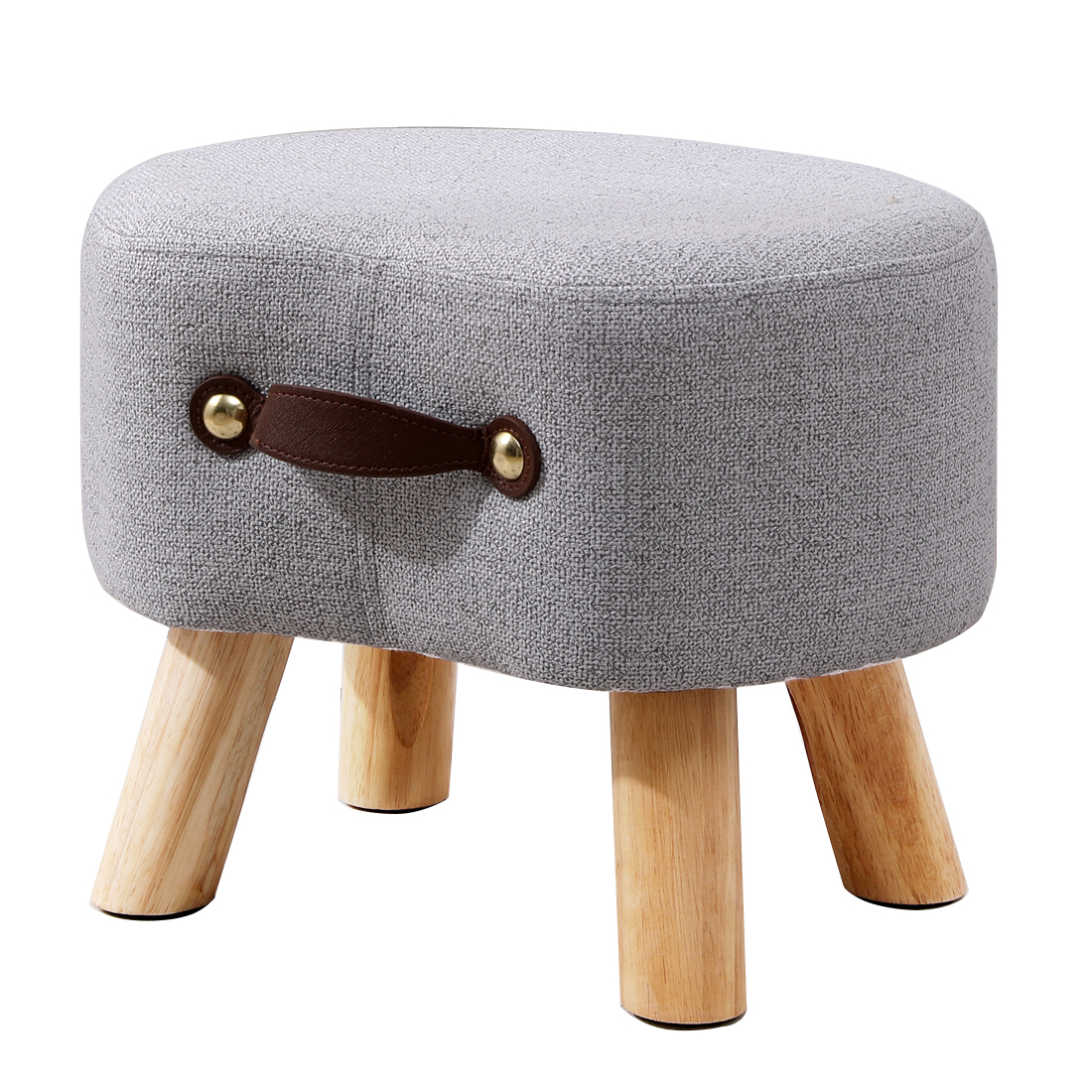 Linen Footstool with Wood Legs Padded Seat Round, Grey — one size