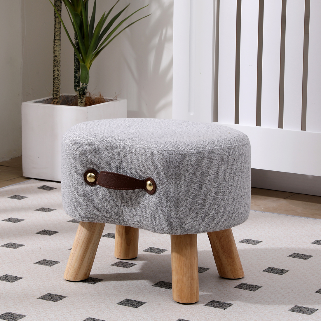 Linen Footstool with Wood Legs Padded Seat Round, Grey — one size - Image 2