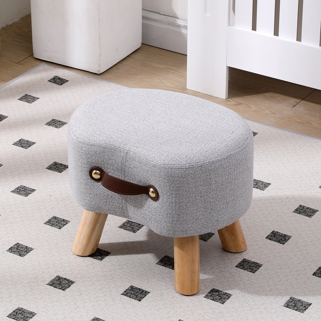 Linen Footstool with Wood Legs Padded Seat Round, Grey — one size - Image 3