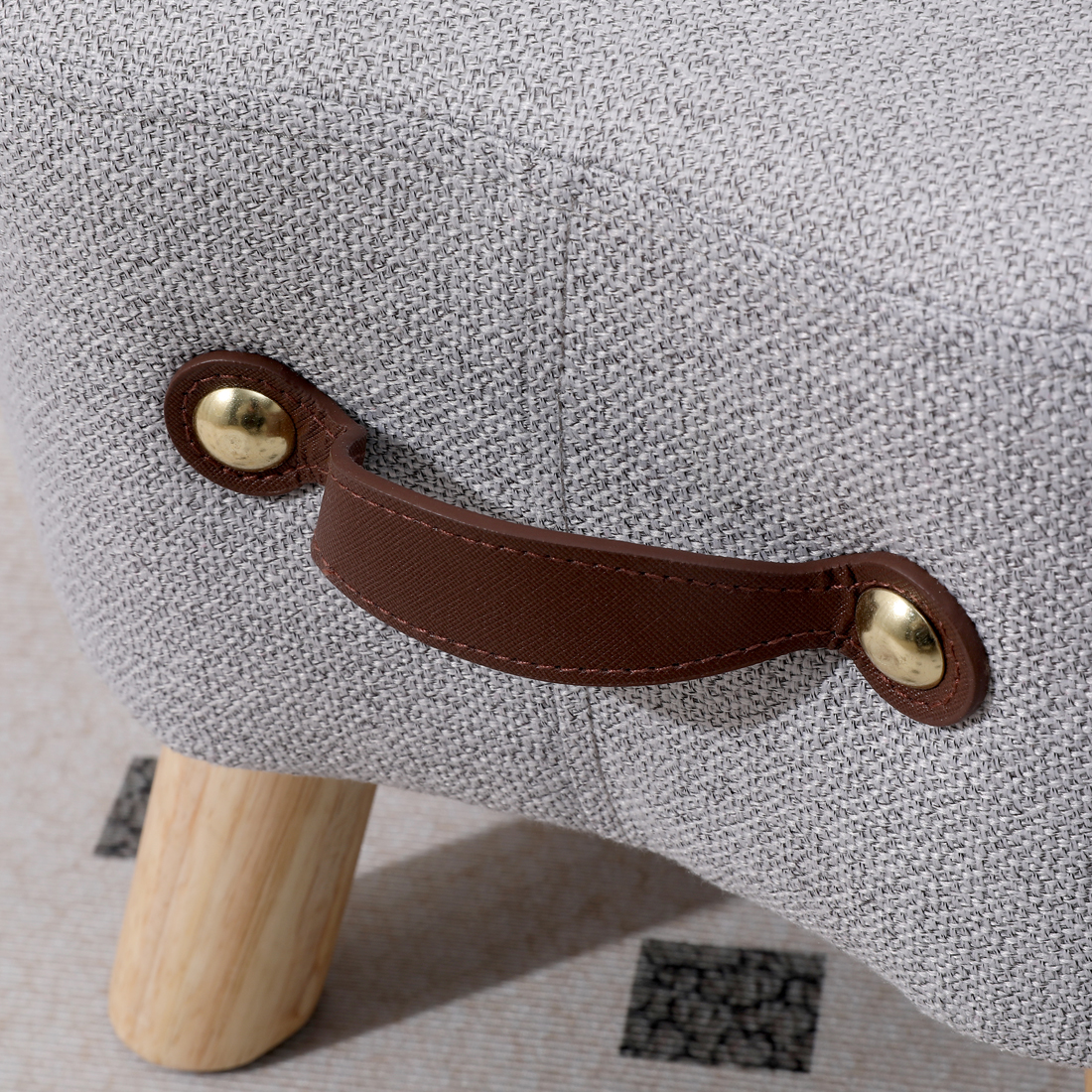 Linen Footstool with Wood Legs Padded Seat Round, Grey — one size - Image 4